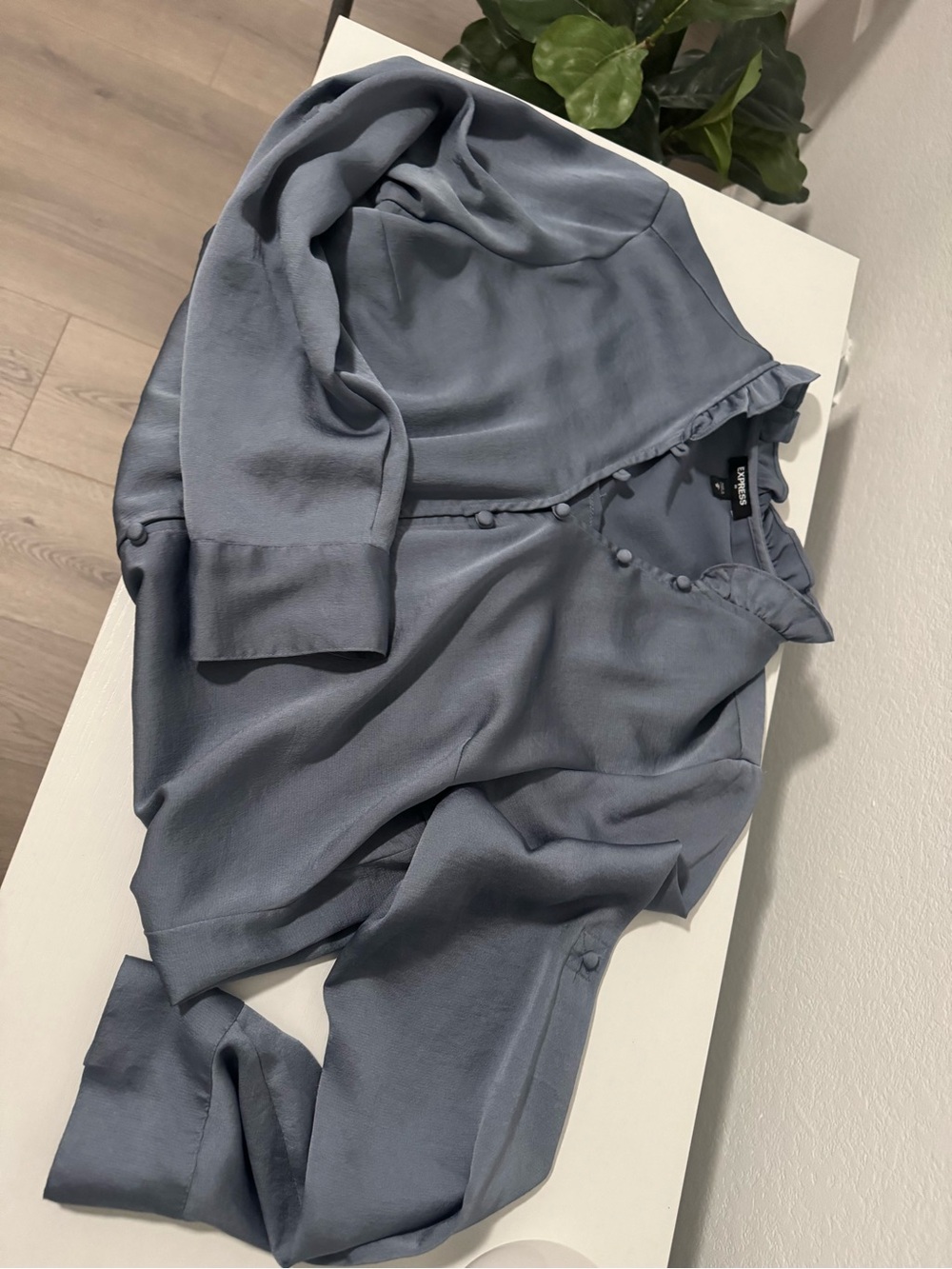 Express Dusty Blue Button-Front Ruffle Collar Blouse - Picture 2 of 2